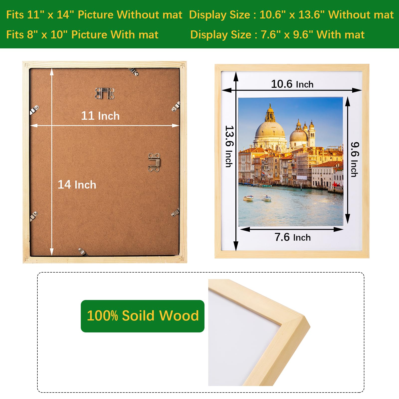 wyooxoo 11x14 Picture Frame Made of Natural Solid Wood Photo Frames Display Pictures 8x10 with Mat or 11x14 Without Mat Colorful